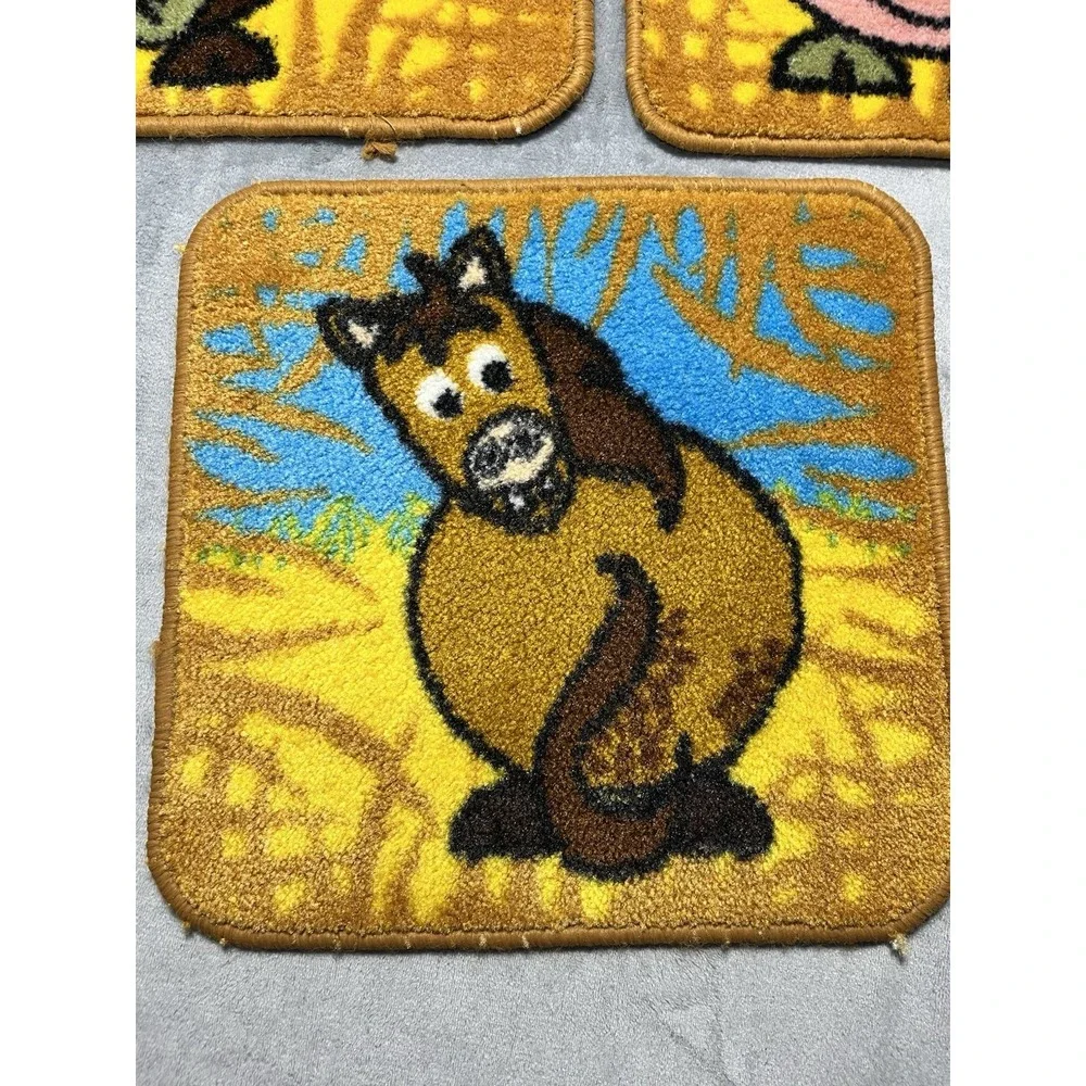 Vintage Retro Cartoon Animal Rugs Set of 7 Fox Duck Pig Bunny Horse Cow Chicken